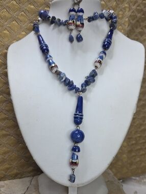 Handcrafted Lapis Lazuli & Blue Ceramic Bead Necklace & Earring Set Lama Desert
